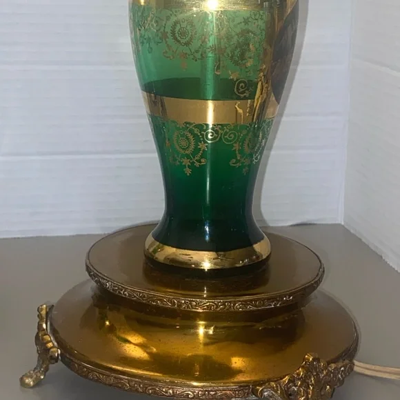 Pair of Antique Bohemian Glass Emerald Green Lamps